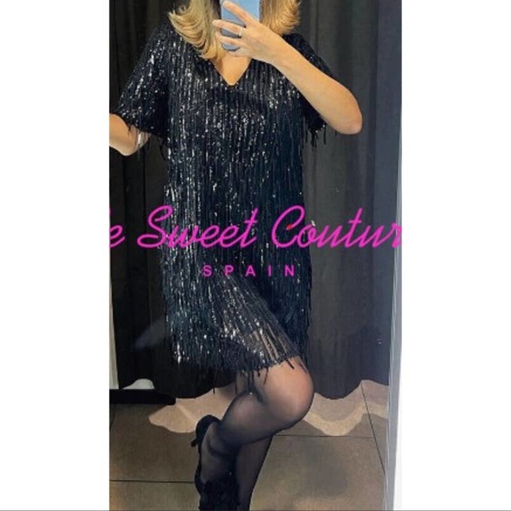 Zara Black Sequin Fringed Mini Dress
Short Sleeve Dress - Picture 3 of 11
